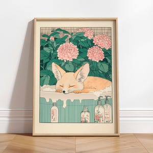 Stampa di volpe fennec carina, arte murale giapponese per il bagno, poster minimalista Japandi, stampa artistica di animali, arredamento estetico per il bagno