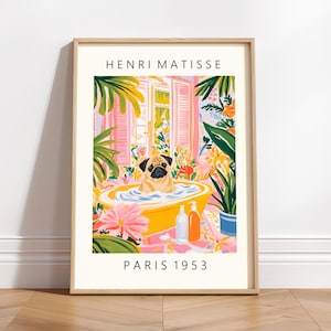 May include: A framed art print featuring a pug sitting in a yellow bathtub filled with water. The scene includes pink shutters, green tropical plants, and colourful flowers. The text HENRI MATISSE is at the top and PARIS 1953 is at the bottom of the print.
