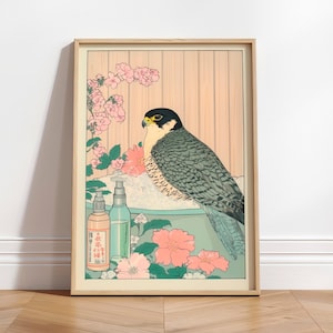 Lámina artística de halcón peregrino, decoración de baño japonesa, arte estético de pared, pájaro en una bañera, arte japonés, ilustración Ukiyo-e