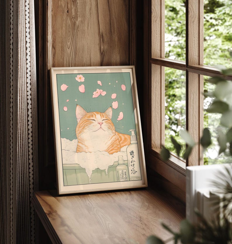 Japanese Ginger Tabby Cat Bath Print: Ukiyo-e Style Wall Art image 2