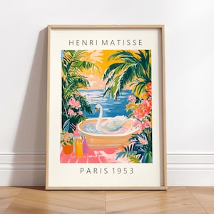 Lámina de cisne de Henri Matisse, decoración de baño Dopamine, póster de aves, lámina tropical estética, arte mural botánico rosa