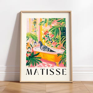 Poster pigeon dans la baignoire, art mural drôle de salle de bain, impression d'art d'oiseau, décor de dopamine, impression d'Henri Matisse, art mural maximaliste