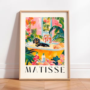 Teckel noir dans une baignoire, art mural drôle de salle de bain, art mural chien moderne du milieu du siècle, impression Matisse, décor dopamine, affiche tropicale rose