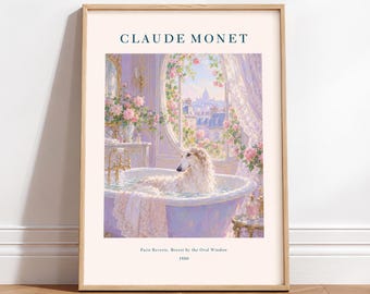 Borzoi Art Print, Monet Inspired Bathroom Poster, Floral Bathtub Wall Decor