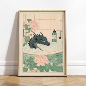 Arte del drago nero, stampa giapponese per il bagno, poster divertente per il bagno, decorazione murale giapponese, stampa artistica con animali, decorazione murale estetica minimalista
