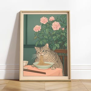 Tabby Cat Eating Noodles: Ukiyo-e Art Print, Japanese Kitchen Poster