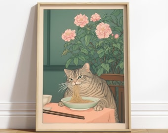 Tabby Cat Eating Noodles: Ukiyo-e Art Print, Japanese Kitchen Poster
