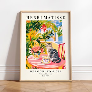 Gatto soriano che beve caffè, Arte dell'espresso, Divertente decorazione murale per la cucina, Stampa di gatto, Stampa di Henri Matisse, Decorazione estetica per la sala da pranzo