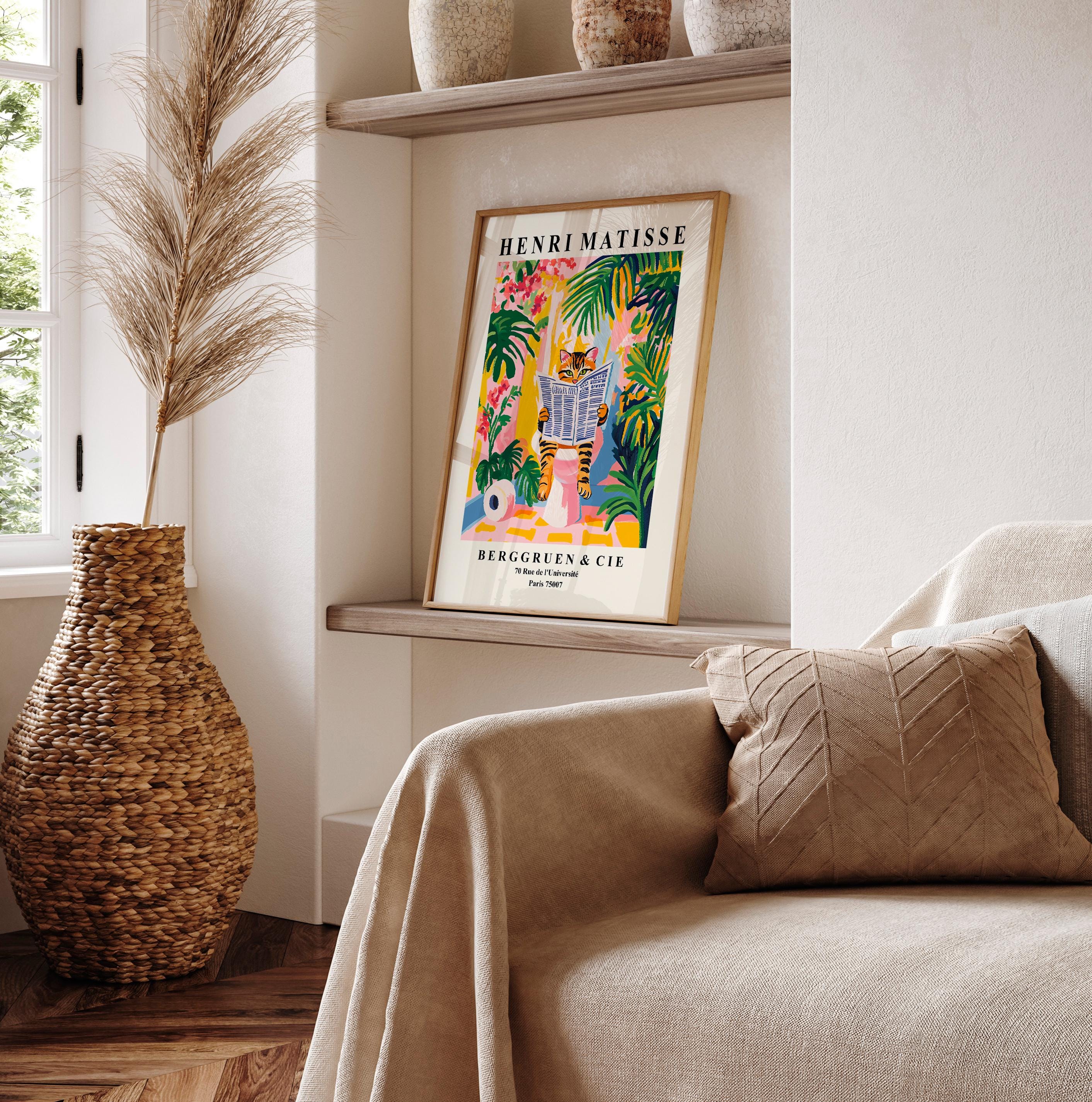 Tabby cat on a toilet, Funny bathroom wall art, Matisse print, Pink dopamine decor, Mid century modern art