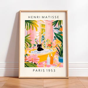 Chat noir dans la baignoire, décoration de salle de bain amusante, décoration de dopamine, art mural de salle de bain, affiche Matisse, décoration tropicale rose