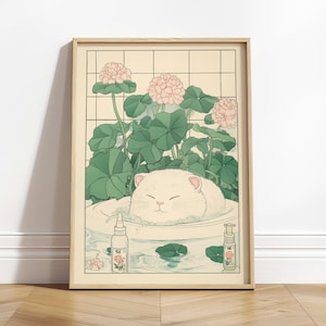 Simpatico gatto bianco in una vasca da bagno, stampa giapponese per il bagno, poster divertente del Giappone, arte murale con gatti, minimalismo estetico, arte murale Japandi