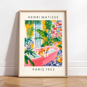 Poster drôle de corgi dans la baignoire, art mural chien, décoration dopamine, cadeau de maman corgi, art mural rose Matisse, décoration de salle de bain tropicale
