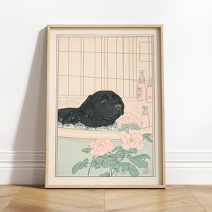 Labrador nero in una vasca da bagno, arte murale per il bagno Japandi, regalo divertente per cani, arredamento giapponese, stampa artistica giapponese, arredamento murale neutro, stampa spa