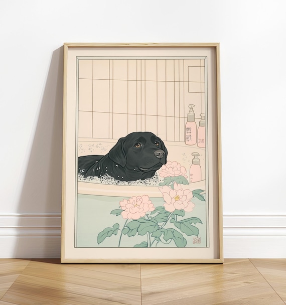 ブラック ラブラドール バスルーム プリント: Japandi 浮世絵スタイル