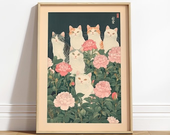 Cats in Flowers Print: Vintage Japanese Ukiyo-e Art