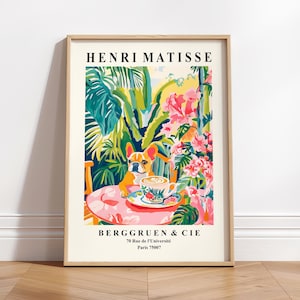 Bulldog francés tomando café, decoración de dopamina, impresión divertida de perro, arte de pared de cocina rosa, impresión de Henri Matisse, póster maximalista