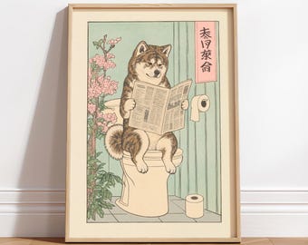 Akita Inu Reading Newspaper Print: Japanese Dog Art, Funny Bathroom Decor