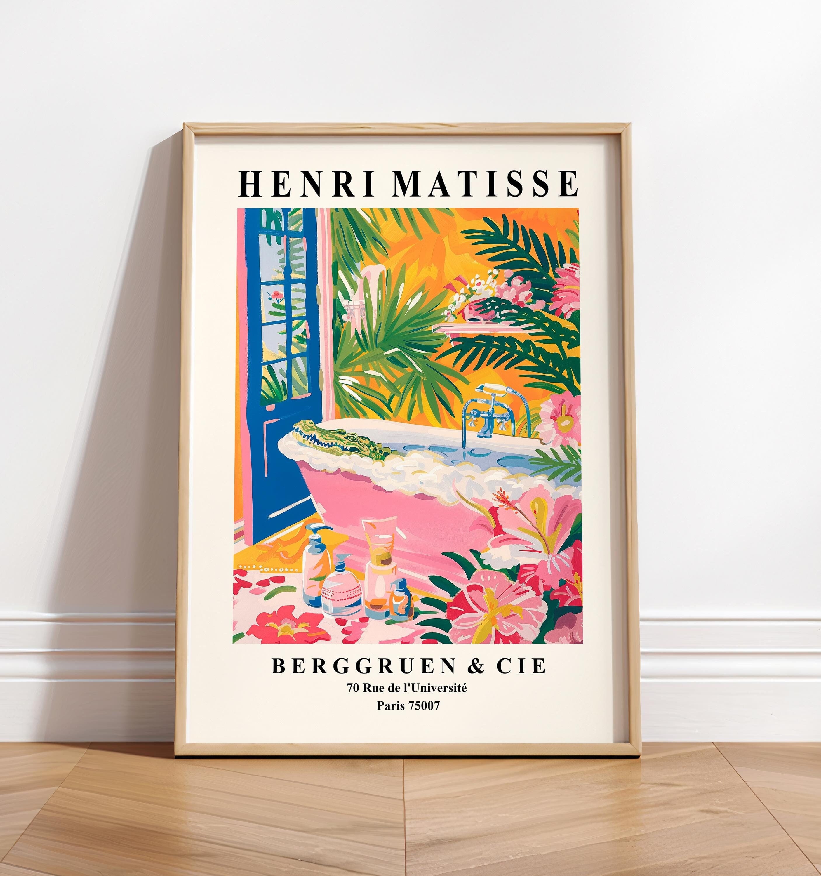 Alligator in Bathtub Art Print: Mid-century Modern Pink Bathroom