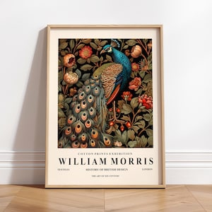 Decorazione murale con pavone, stampa di William Morris, decorazione Dark Cottagecore, stampa botanica, regalo per gli amanti degli uccelli