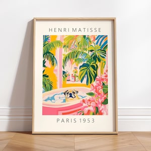 Pug en la bañera, lámina de Matisse, arte divertido para la pared del baño, lámina de perro, regalo para amantes de los perros, decoración de dopamina rosa, arte tropical maximalista