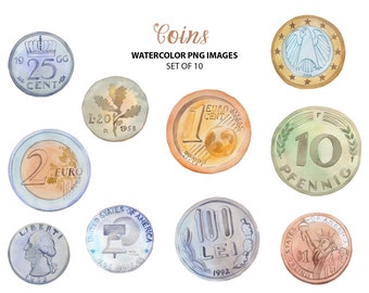 Coins clipart - Watercolor money clip art - Watercolor illustration
