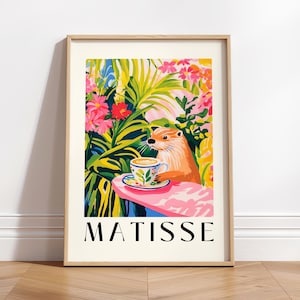 Otter trinkt Kaffee, Waldtierkunst, ästhetisches Henri Matisse Druck, rosa Küchendekor, maximales Wanddekor