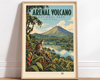 Arenal Volcano National Park Art Print – Retro Travel Poster with Cat