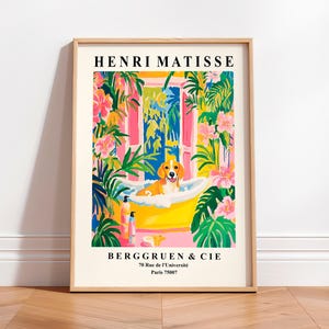 Impression Beagle dans la baignoire, art mural drôle de salle de bain, impression d'art chien, impression Matisse pour les amateurs de chiens, déco dopamine rose