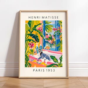 Lámina artística de lémur en la bañera, decoración de dopamina, póster de baño tropical rosa, arte mural de Henri Matisse, arte animal