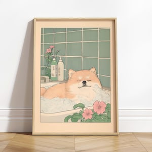 Pomeranian Bath Print: Ukiyo-e Japanese Dog Art