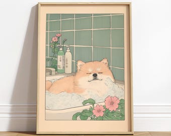 ポメラニアンお風呂版画：浮世絵風の日本の犬アート - Etsy 日本