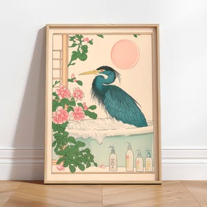 Garza en una bañera, impresión de baño estilo Ukiyo-e, póster de pájaro japonés, arte de pared minimalista, decoración neutra para el hogar