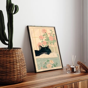 Black Cat in Bathtub: Japanese Bathroom Print, Minimalist Wall Art - Etsy
