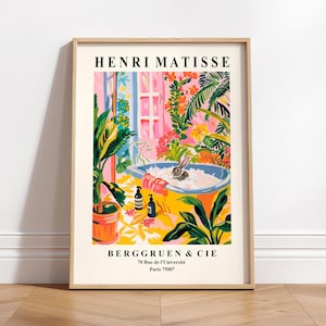 Lámina artística de conejito en la bañera, póster divertido para el baño, decoración maximalista, arte de Henri Matisse, decoración de baño tropical rosa, lámina artística de animales