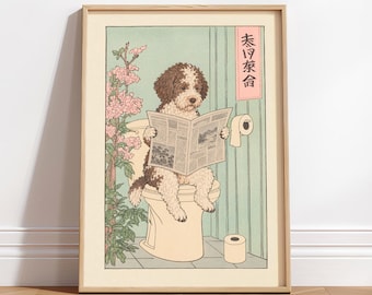 Lagotto Romagnolo Japanese Wall Art: Ukiyo-e Dog Print, Humorous Bathroom Decor