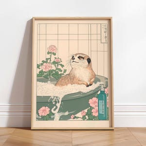 Meerkat in Bathtub Print: Funny Ukiyo-e Japanese Bathroom Art