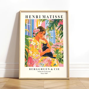 Henri Matisse Gemälde, Schwarze Katze gehalten von einer Frau, ästhetisches mediterranes Plakat, Tropischer Sommerdruck, Dopamindekor