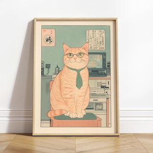 May include: A digital art print of a cat wearing glasses and a tie, sitting on a chair in an office setting. The print is in a wood frame and has a Japanese aesthetic.
