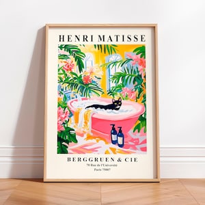 Gatto bianco e nero in una vasca da bagno, stampa da bagno di Matisse, poster divertente, arte estetica rosa, decorazione floreale con dopamina