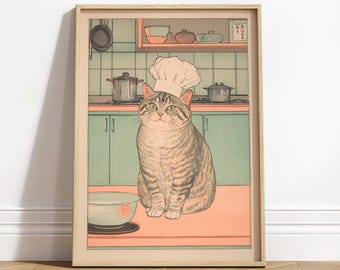 Ukiyo-e Cat Chef Print: Japanese Kitchen Art, Tabby Cat Lover Gift
