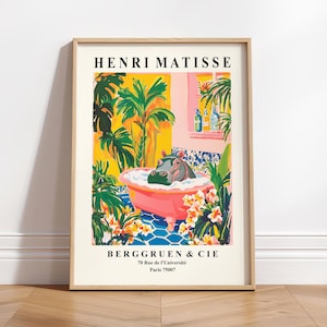 Ippopotamo nella vasca da bagno, Divertente stampa artistica da bagno, Regalo per gli amanti degli animali, Stampa artistica da bagno, Arte murale di Matisse, Decorazione rosa dopamina