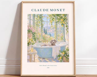 Weimaraner Bathroom Poster, Monet Style Wall Art, Floral Bathtub Print, Dog Poster