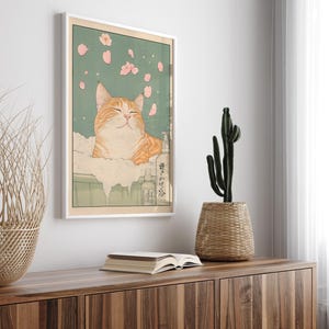 Japanese Ginger Tabby Cat Bath Print: Ukiyo-e Style Wall Art image 3