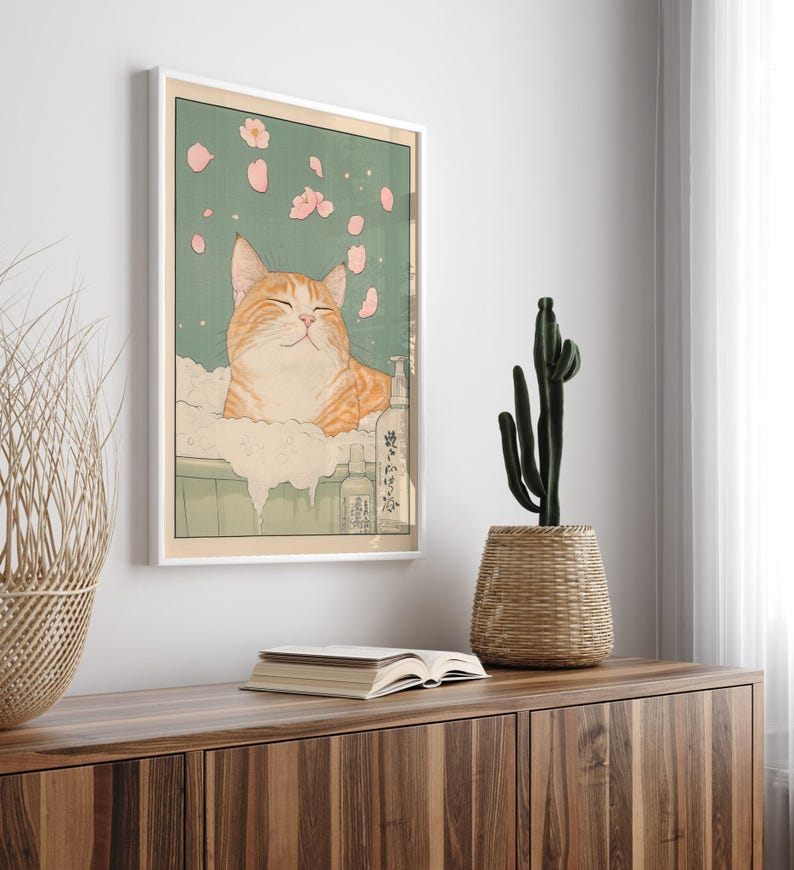 Japanese Ginger Tabby Cat Bath Print: Ukiyo-e Style Wall Art image 3