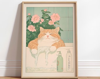 Ukiyo-e Cat Print: Funny Ginger Cat in Bathtub, Japanese Art