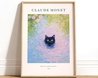 Monet Cat Art Print: Black Cat in Pond, French Botanical Decor