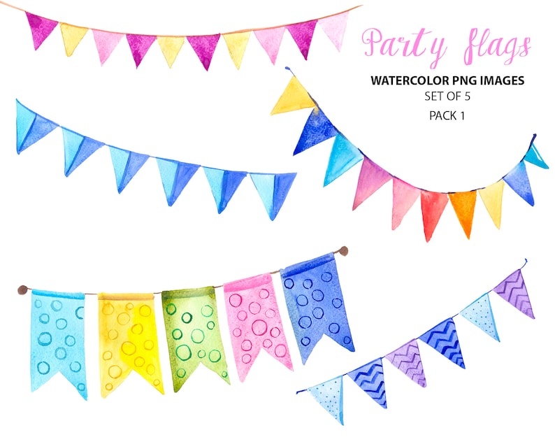 Birthday clip art Festive flags watercolor images Party clipart