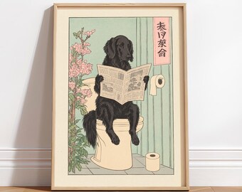 Ukiyo-e Flat-Coated Retriever Print: Quirky Toilet Wall Art, Japanese Dog Decor, Neutral Style