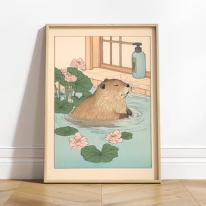 Kawaii Biber in der Badewanne, lustige Badezimmerwandkunst, japanischer Vintage Ukiyo-e-Druck, Japandi-Dekor, minimalistische neutrale Wandkunst