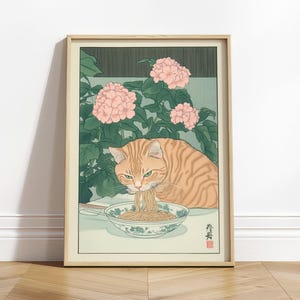 Ginger Tabby Cat Eating Noodles: Ukiyo-e Print, Japanese Art